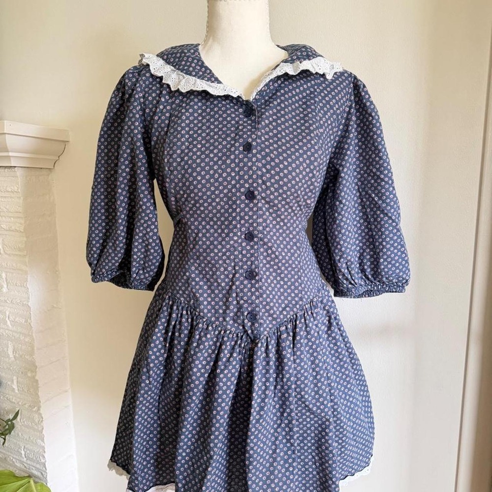 Free People Need To Know Mini Dress Blue Pink Floral Lace Collar Cottagecore